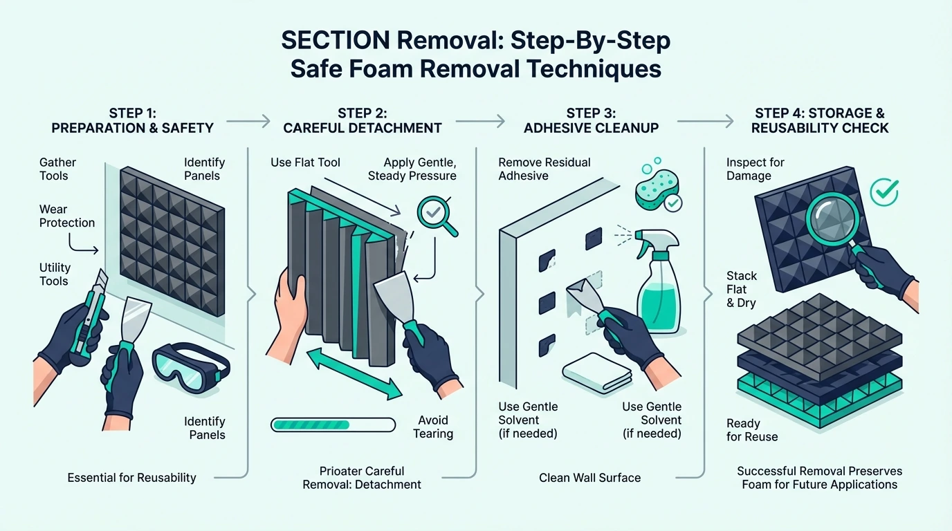 Step-by-step removal techniques for acoustic foam without ripping panels