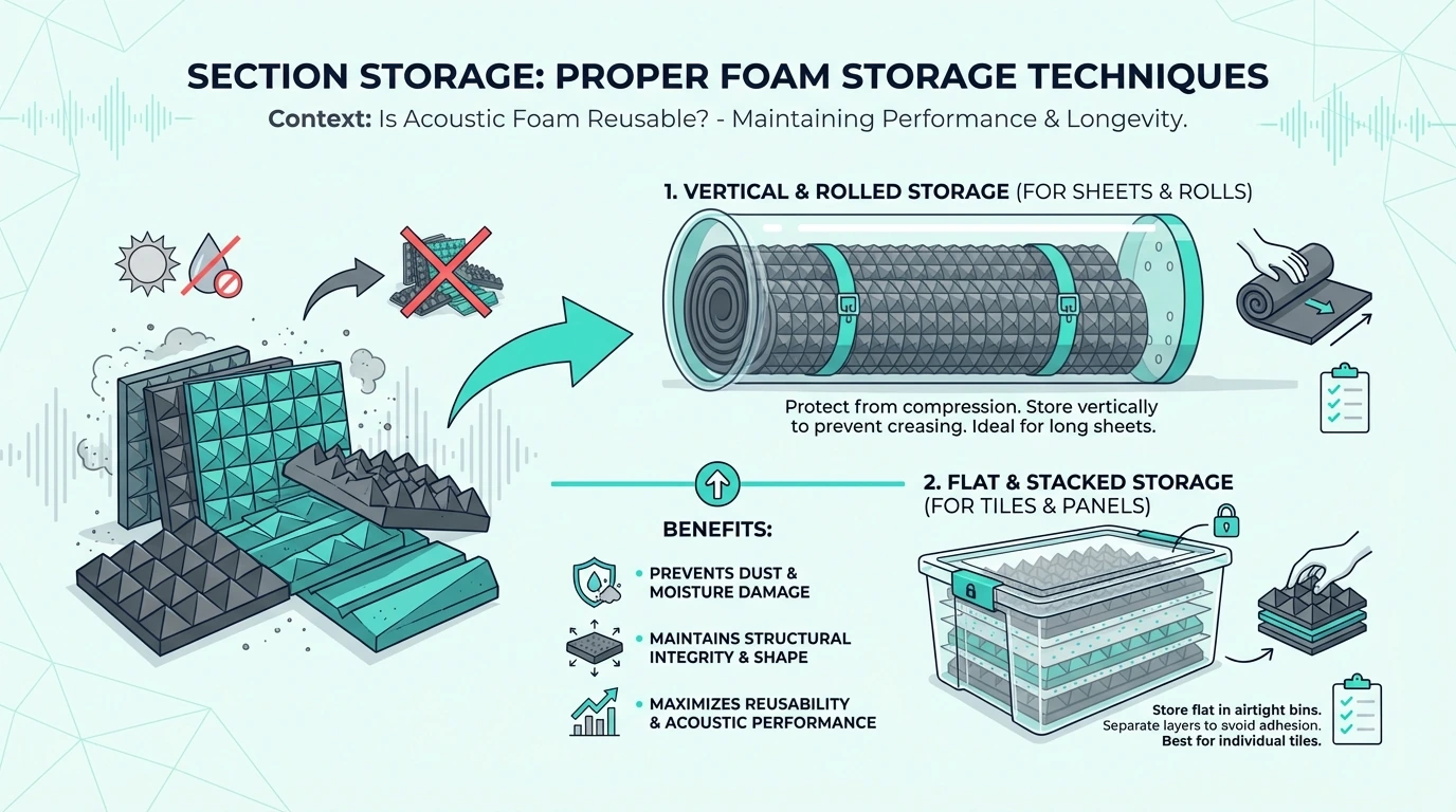 Proper storage practices to keep acoustic foam usable for reinstalling