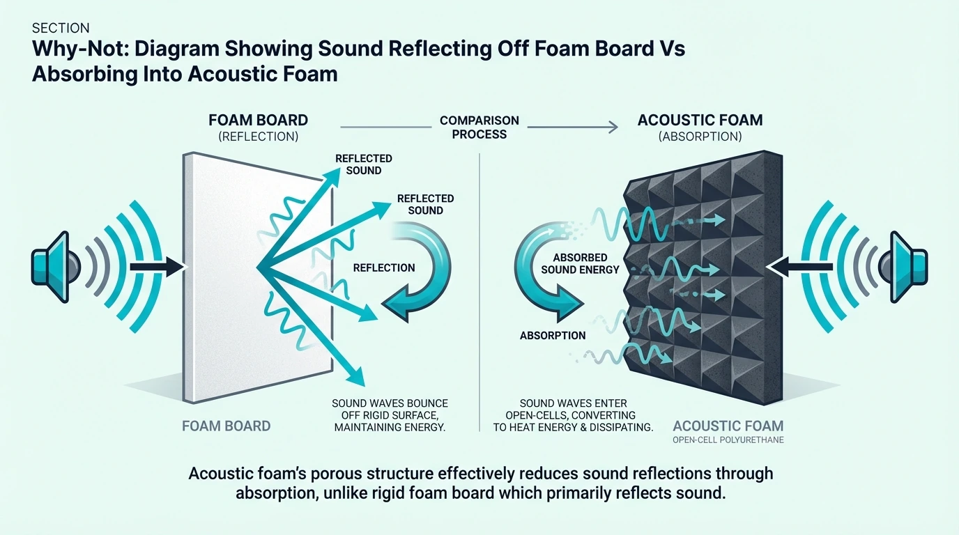 Diagram showing sound reflecting off foam board vs absorbing into acoustic foam