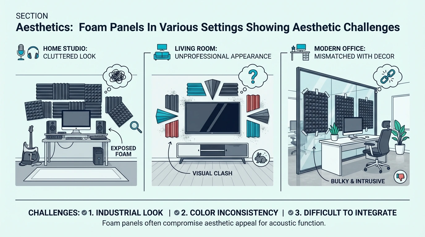 Foam panels in various settings showing aesthetic challenges