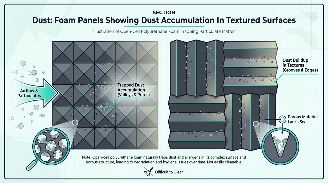 Foam panels showing dust accumulation in textured surfaces