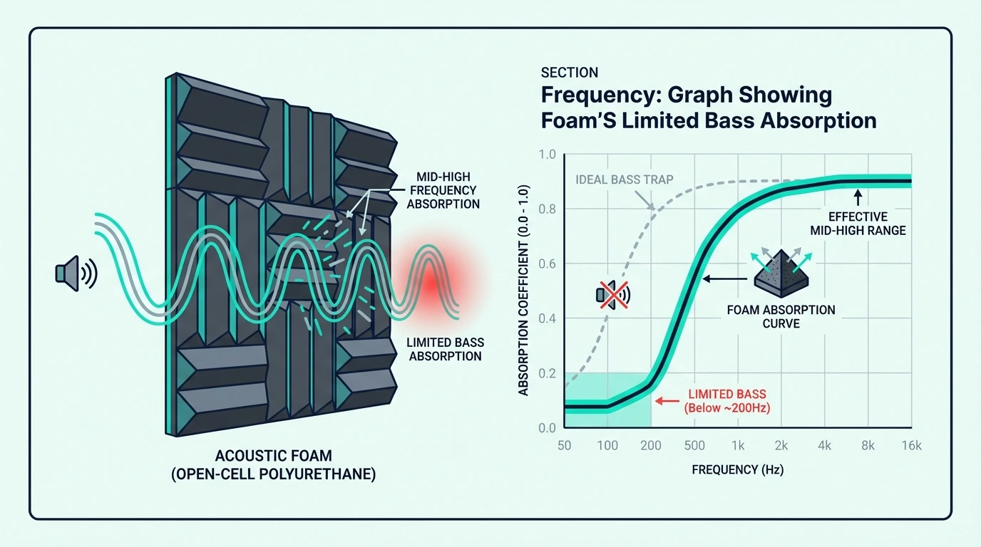 Graph showing acoustic foam limited bass absorption across frequencies