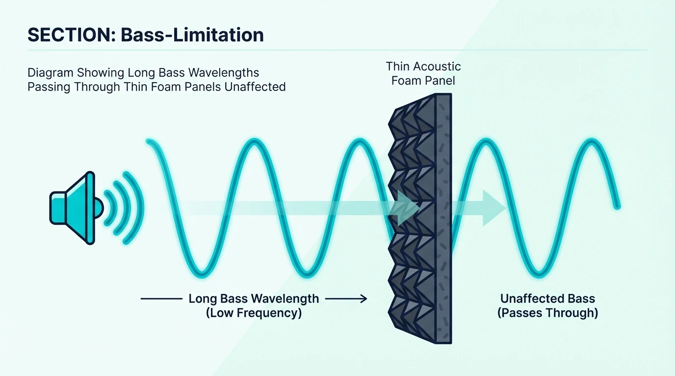 Diagram showing long bass wavelengths passing through thin foam panels unaffected