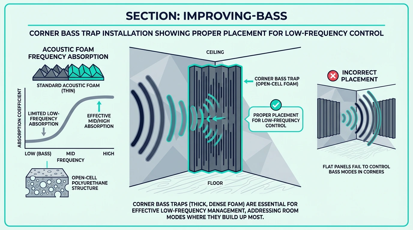 Corner bass trap installation showing proper placement for low-frequency control