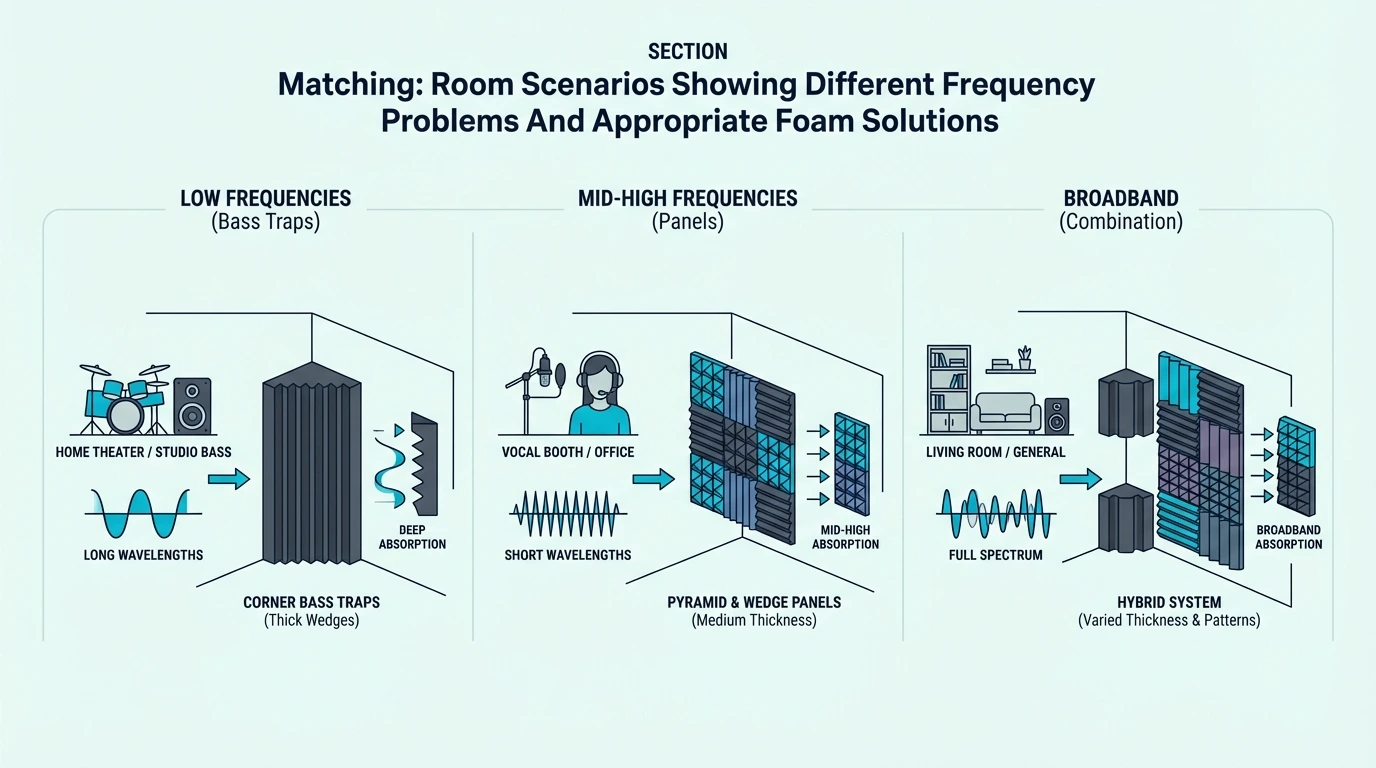 Room scenarios showing different frequency problems and appropriate foam solutions