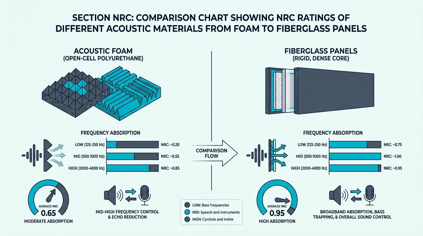 Comparison chart showing NRC ratings of different acoustic materials from foam to fiberglass panels
