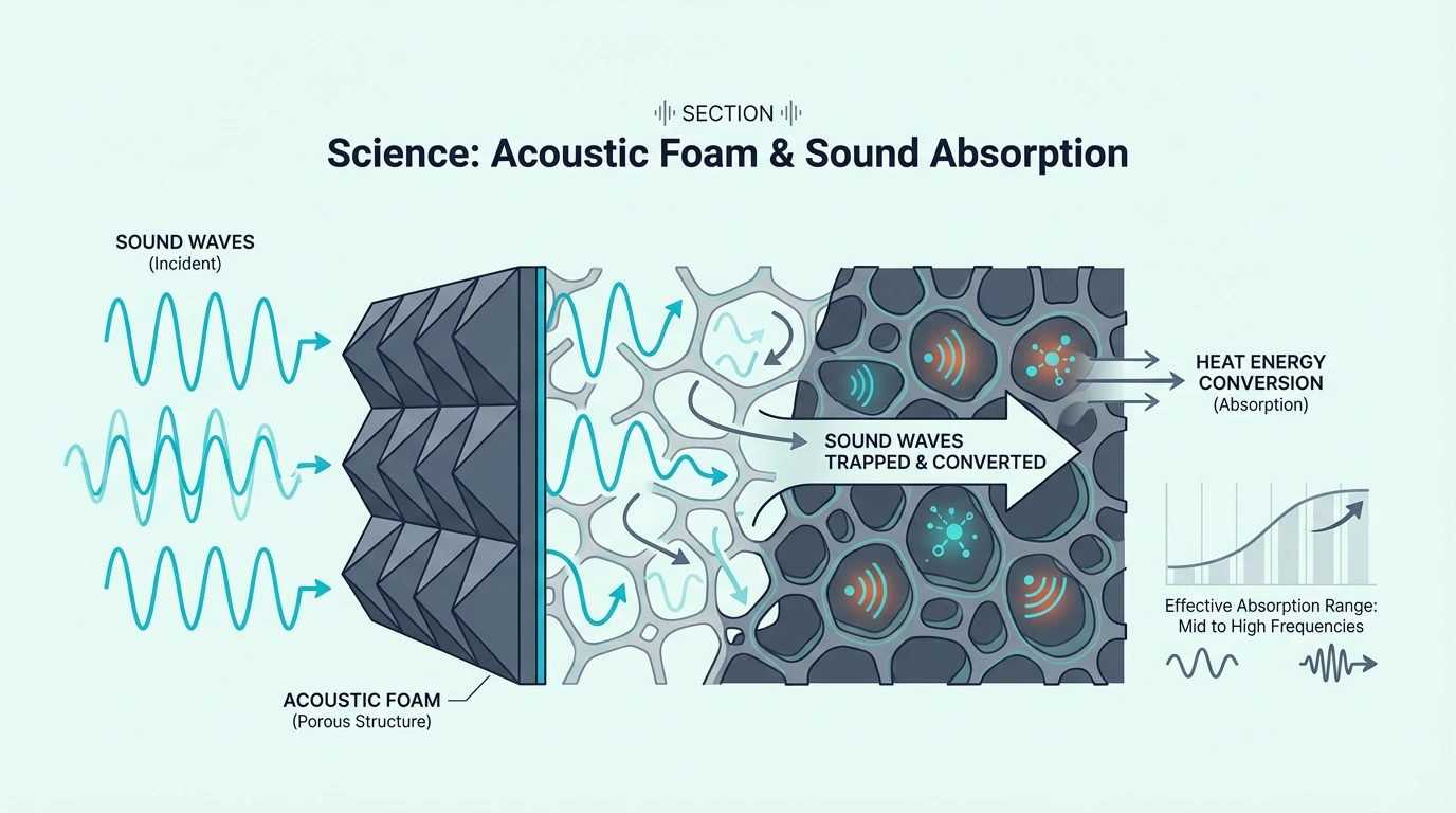 Cross-section diagram of acoustic foam showing sound waves entering porous structure and converting to heat energy