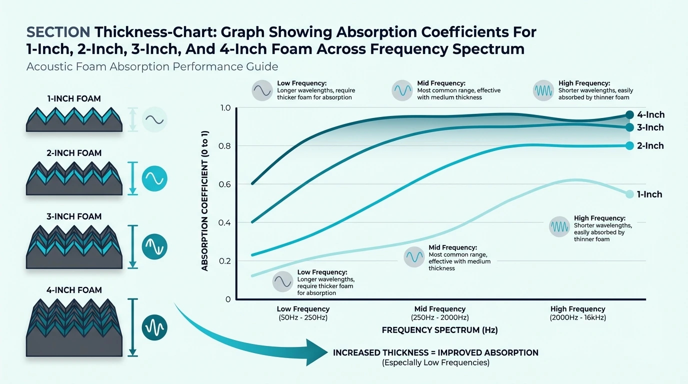Graph showing absorption coefficients for 1-inch, 2-inch, 3-inch, and 4-inch foam across frequency spectrum