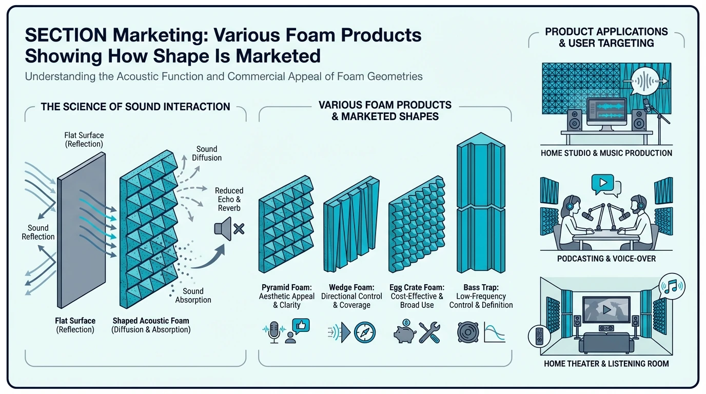 Different foam shapes marketed as acoustic treatment