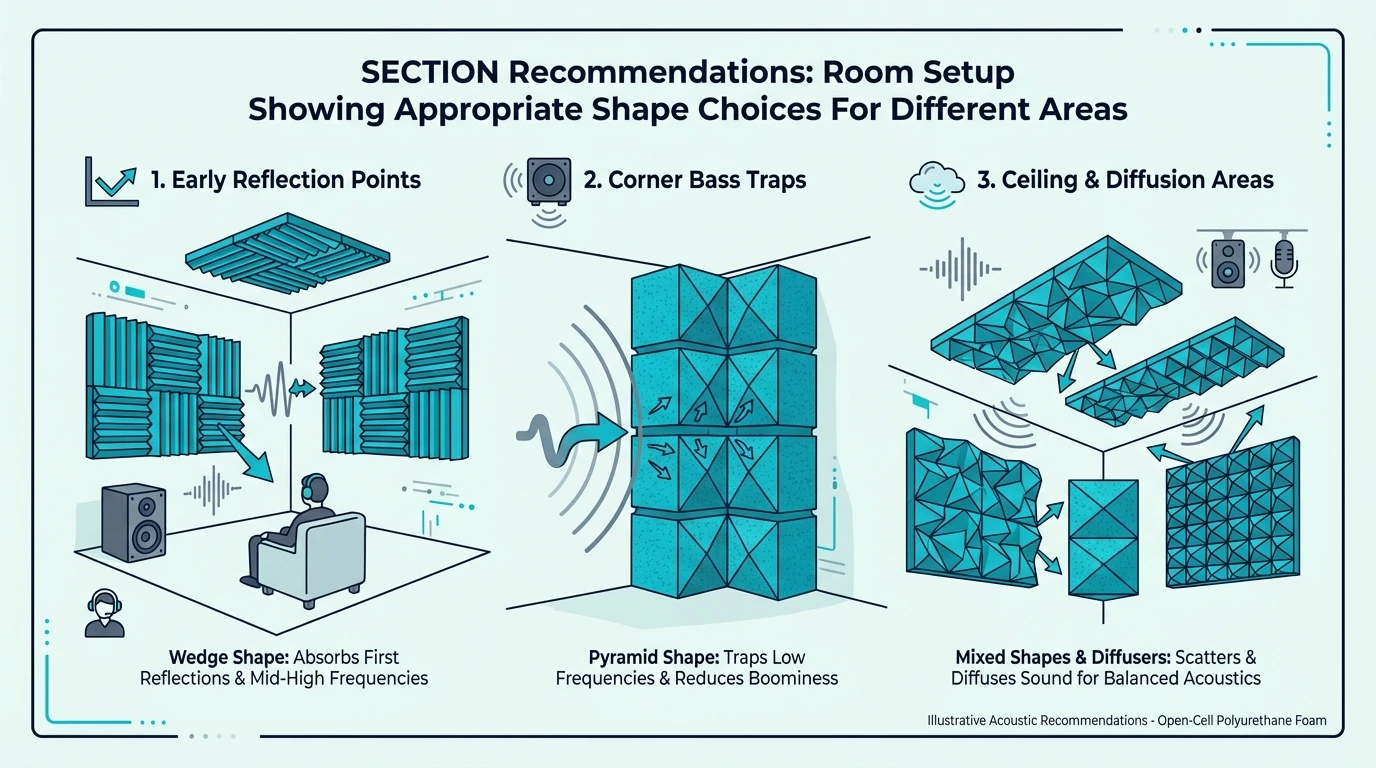 Room setup showing where different foam shapes are typically used