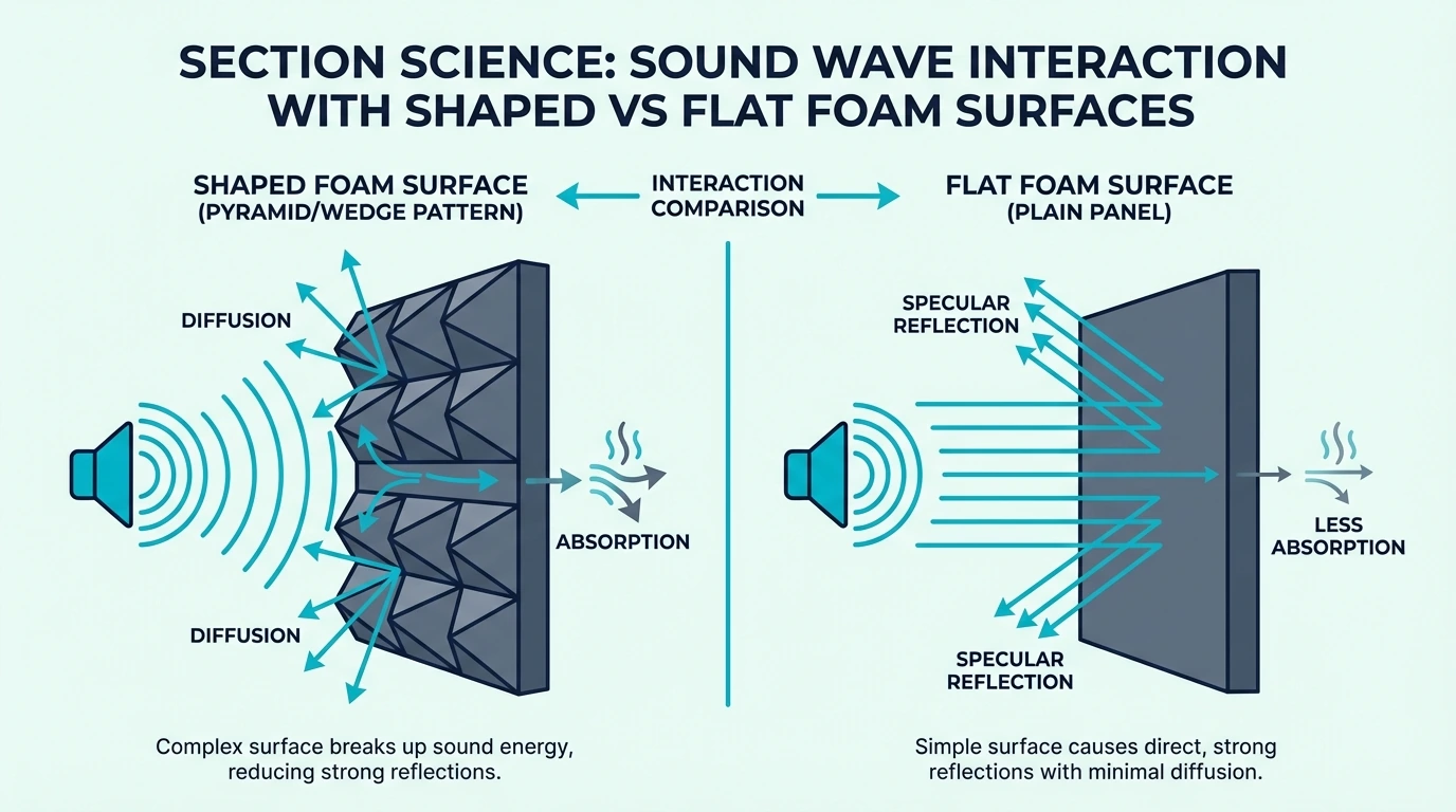 Diagram of sound waves interacting with shaped vs flat acoustic foam