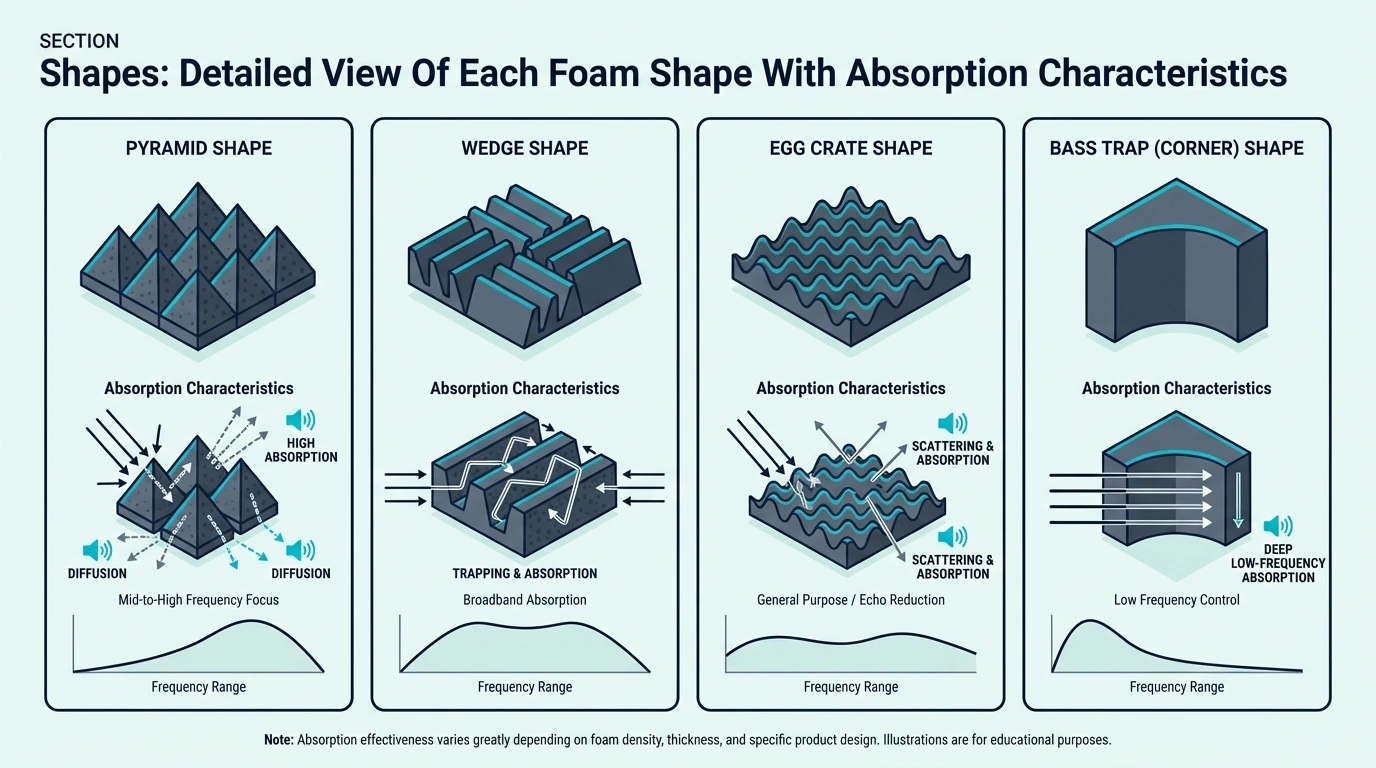 Wedge, pyramid, egg crate, and flat foam shapes side by side
