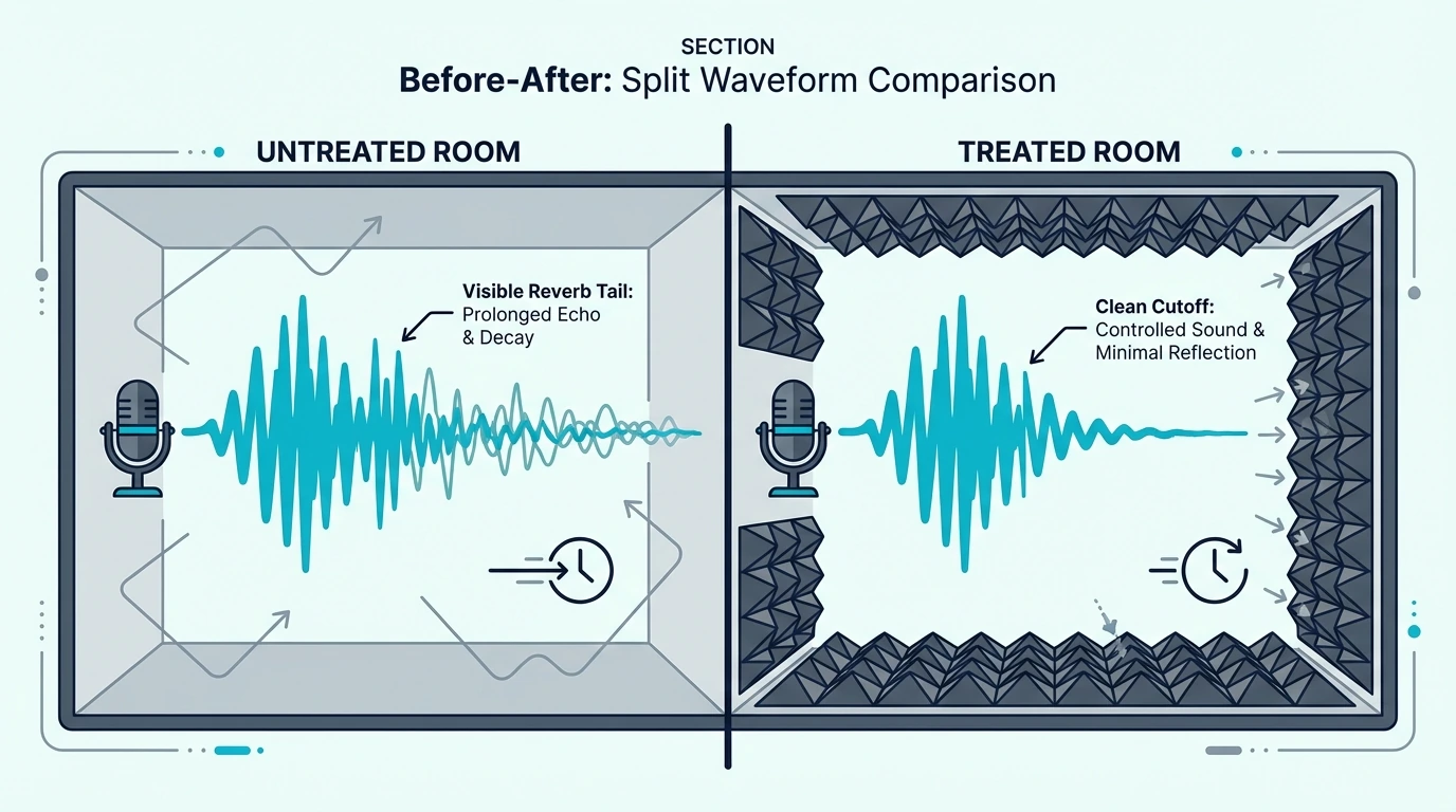 Split Waveform Comparison Showing Recording In Untreated Room (With Visible Reverb Tail) Vs Treated Room (Clean Cutoff)
