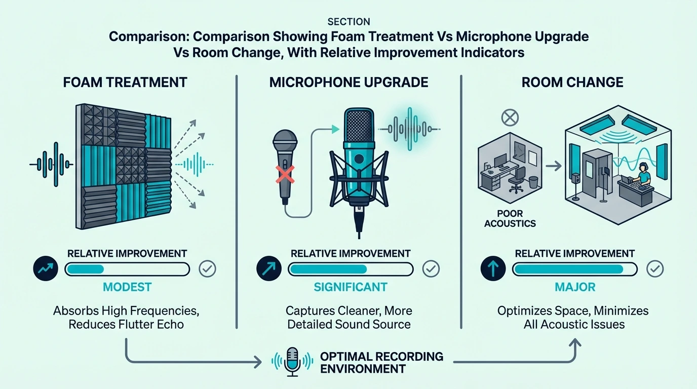 Comparison Showing Foam Treatment Vs Microphone Upgrade Vs Room Change, With Relative Improvement Indicators