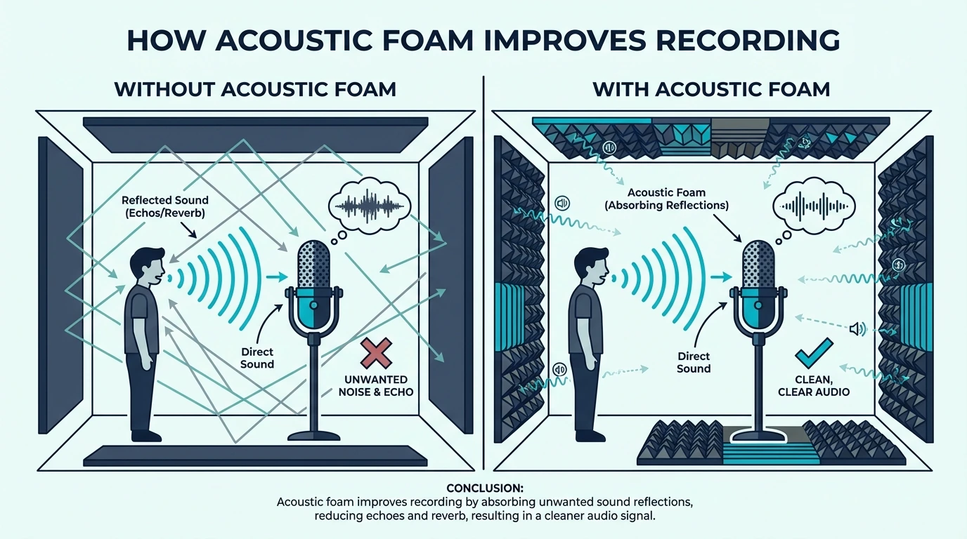 Diagram Showing Sound Waves From Voice Hitting Microphone Directly Vs Bouncing Off Walls, With Foam Absorbing The Reflections