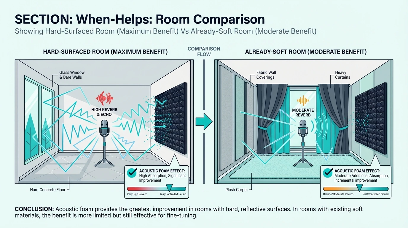 Room Comparison Showing Hard-Surfaced Room (Maximum Benefit) Vs Already-Soft Room (Moderate Benefit)