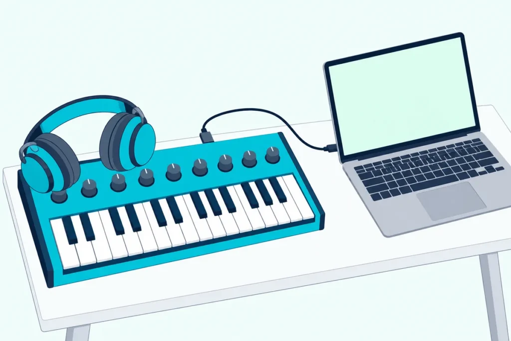 Compact analog synthesizer connected by a USB cable to an open laptop with headphones on top