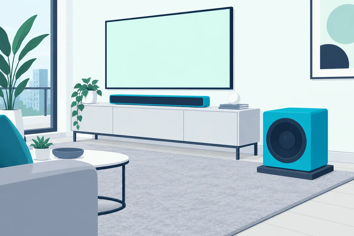 Subwoofer on an isolation pad and thick rug away from a shared wall in an apartment living room