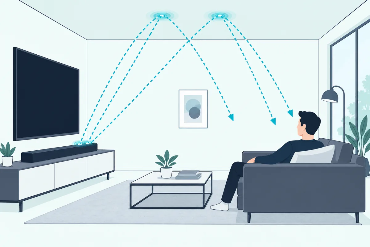 Dolby Atmos soundbar sending sound up to bounce off a flat ceiling and down to the sofa