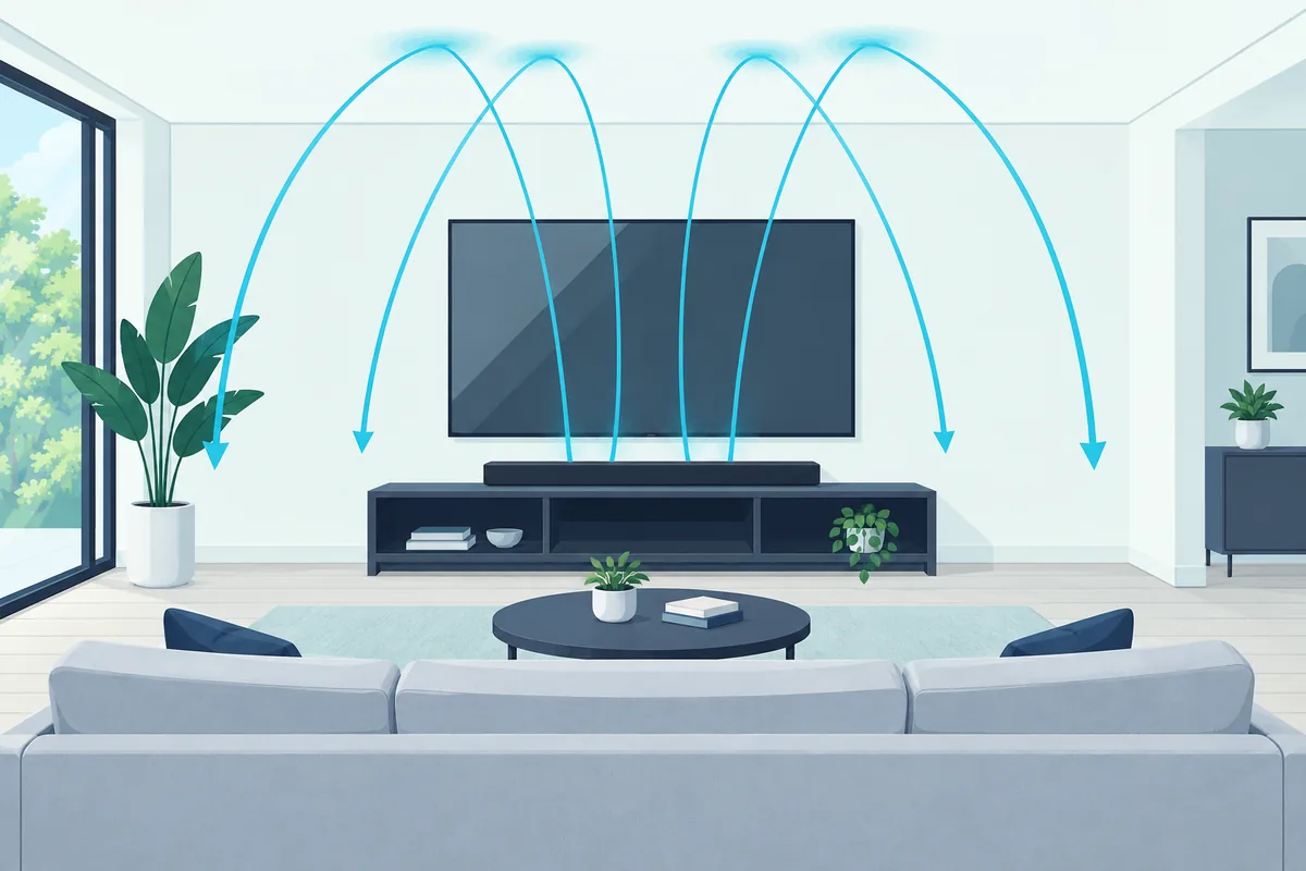 Dolby Atmos soundbar on an open console, its up-firing speakers bouncing sound off the ceiling