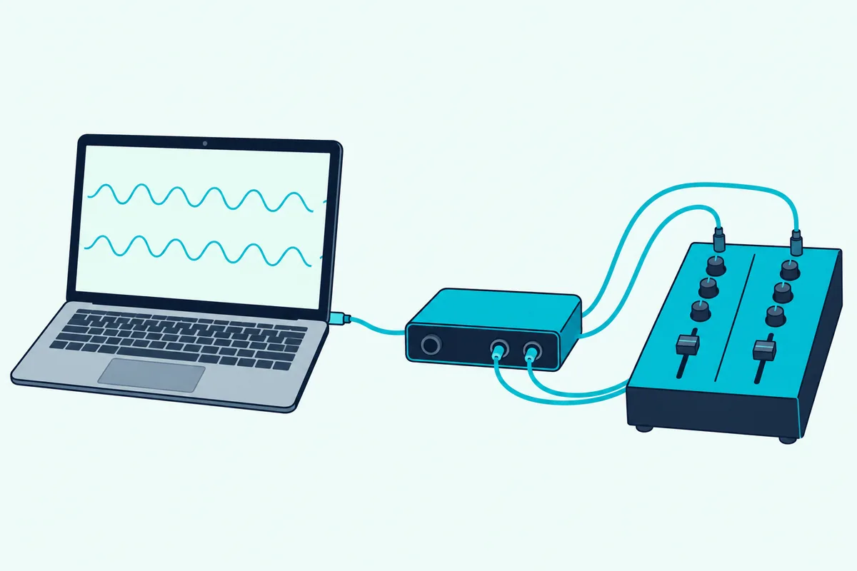 A laptop and audio interface sending two decks through separate cables to two mixer channels