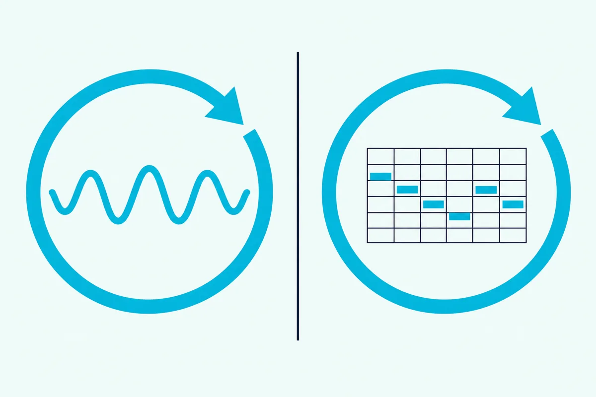 Two loops side by side, one circling a wavy sound line and one circling a row of note blocks on a grid