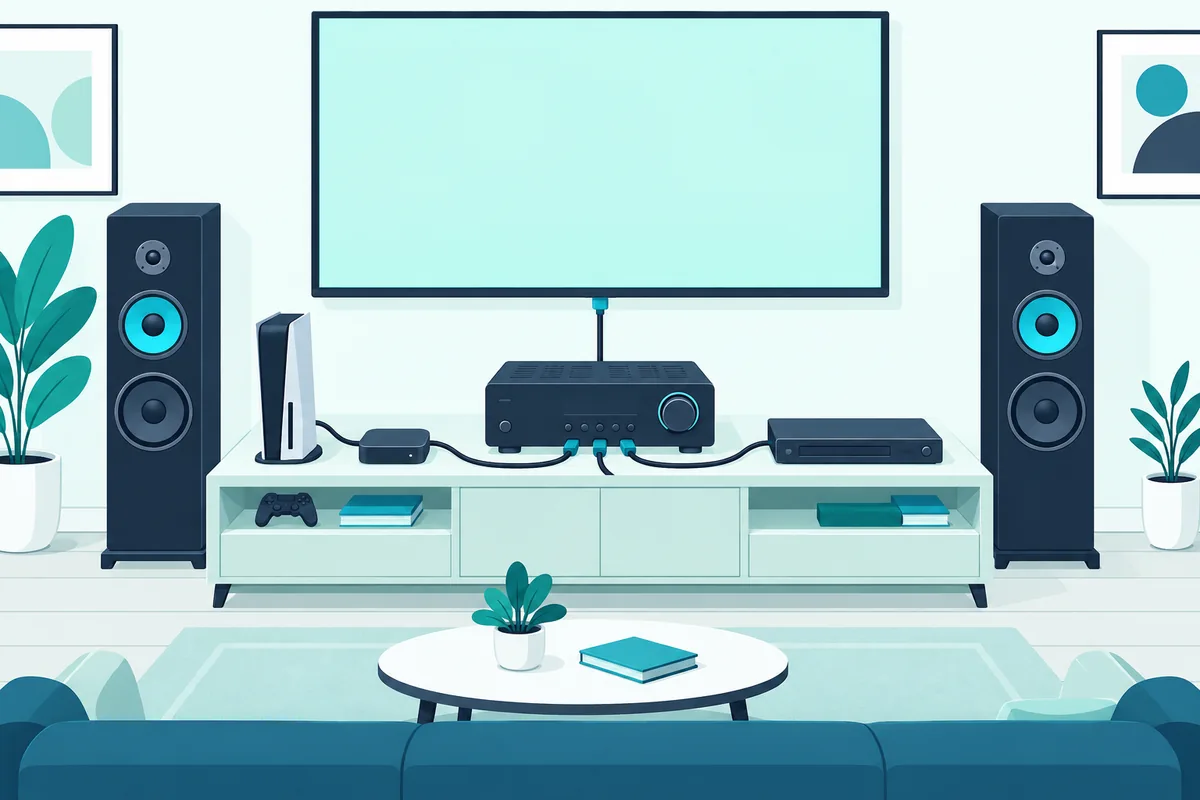 AV receiver with several devices plugged into its HDMI inputs, feeding a TV and speakers