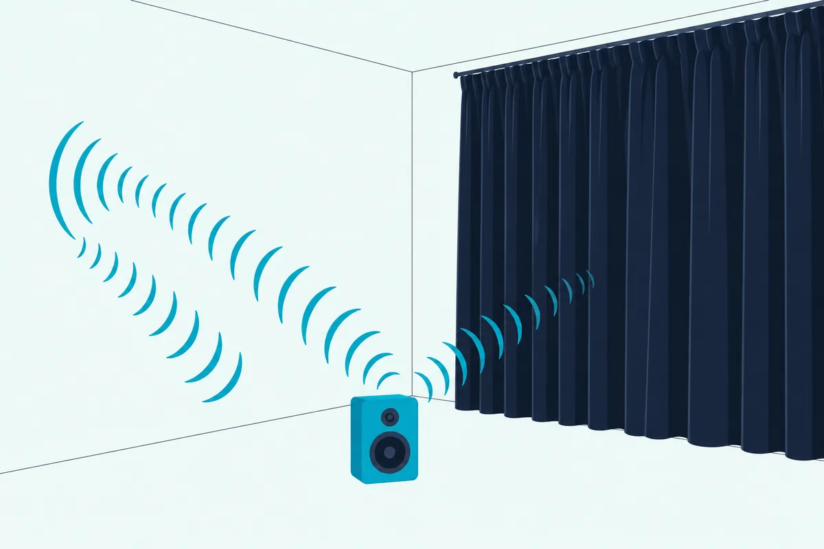 Bare room wall bouncing sound arcs back beside a curtained wall soaking them up