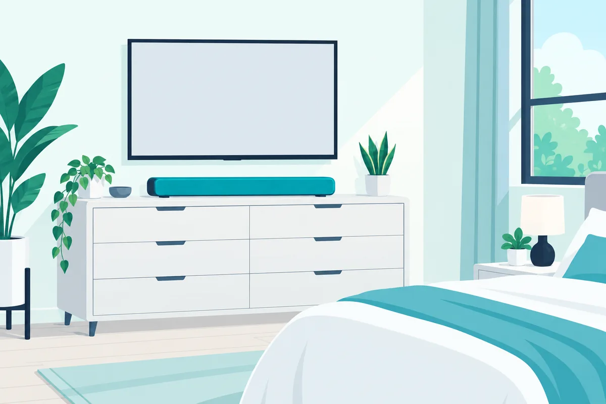 Compact soundbar under a small bedroom TV, the kind of bar most under-$300 models are
