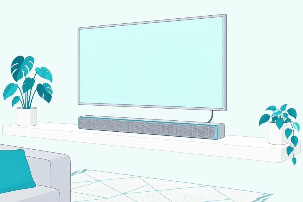 Slim soundbar on a shelf below a small flat TV, joined to it by a thin cable
