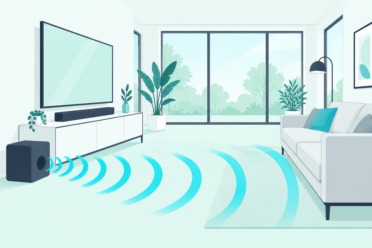 Compact subwoofer beside a TV console sending low bass waves across the floor next to a slim soundbar