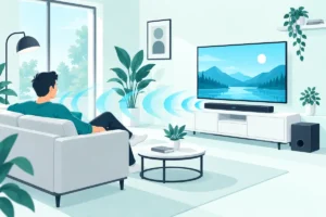 Slim soundbar and small subwoofer under a TV in a simple living room, a typical best budget soundbar setup