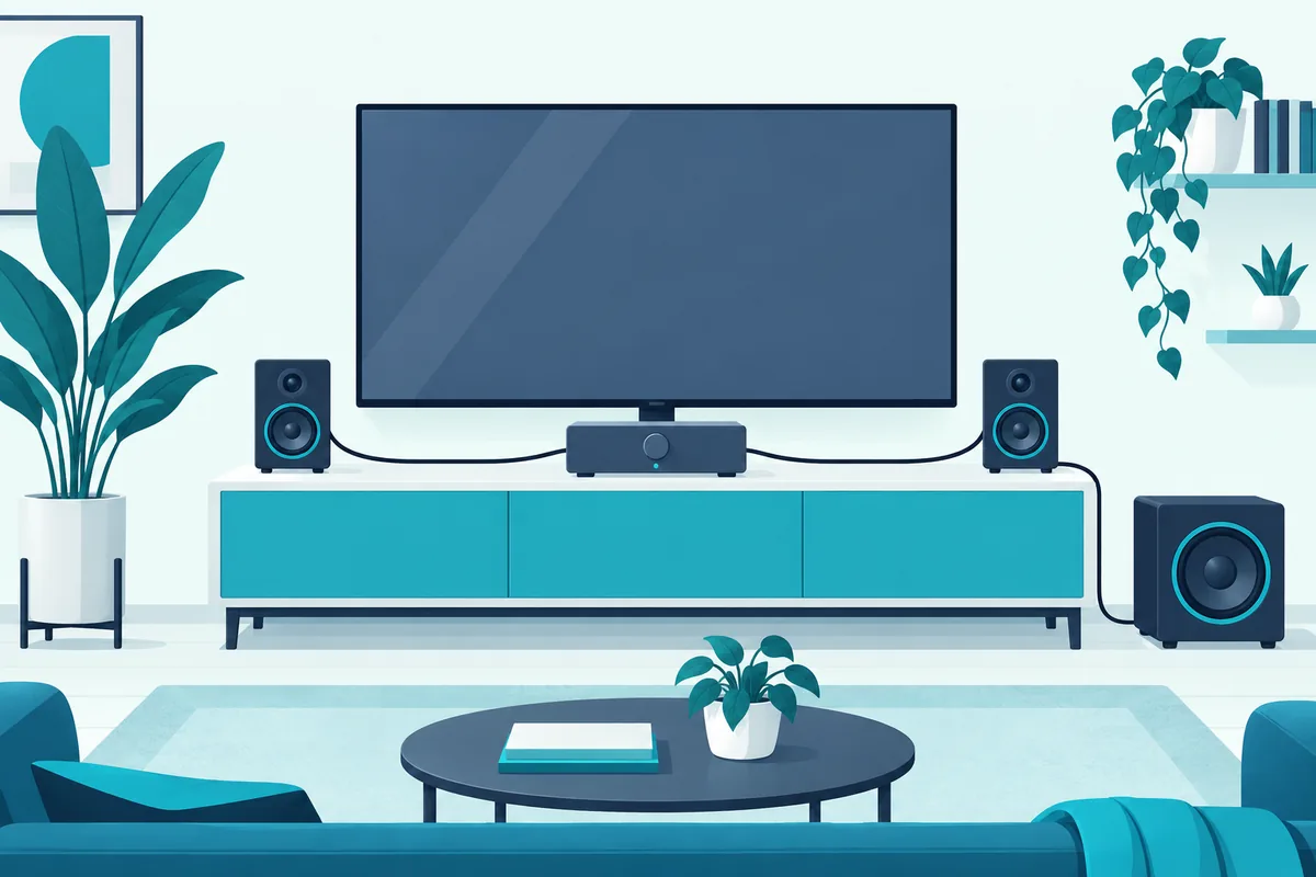 Compact 2.1 speaker set with a small subwoofer under a TV, a way to get bass without the soundbar