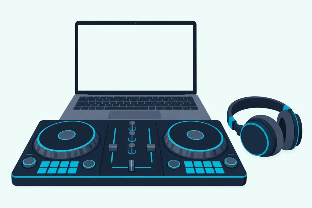 Compact DJ controller in front of an open laptop with over-ear headphones on a desk