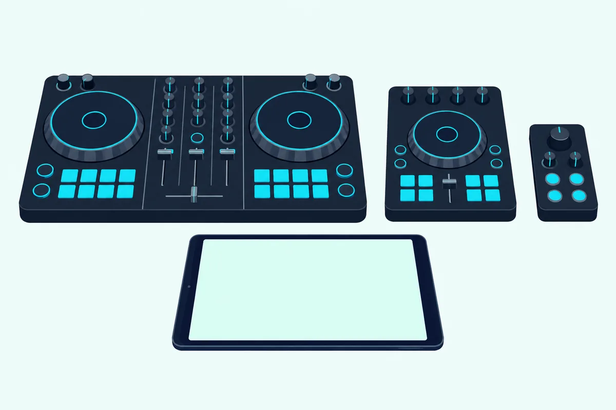 Three compact DJ controllers of different sizes side by side behind a tablet