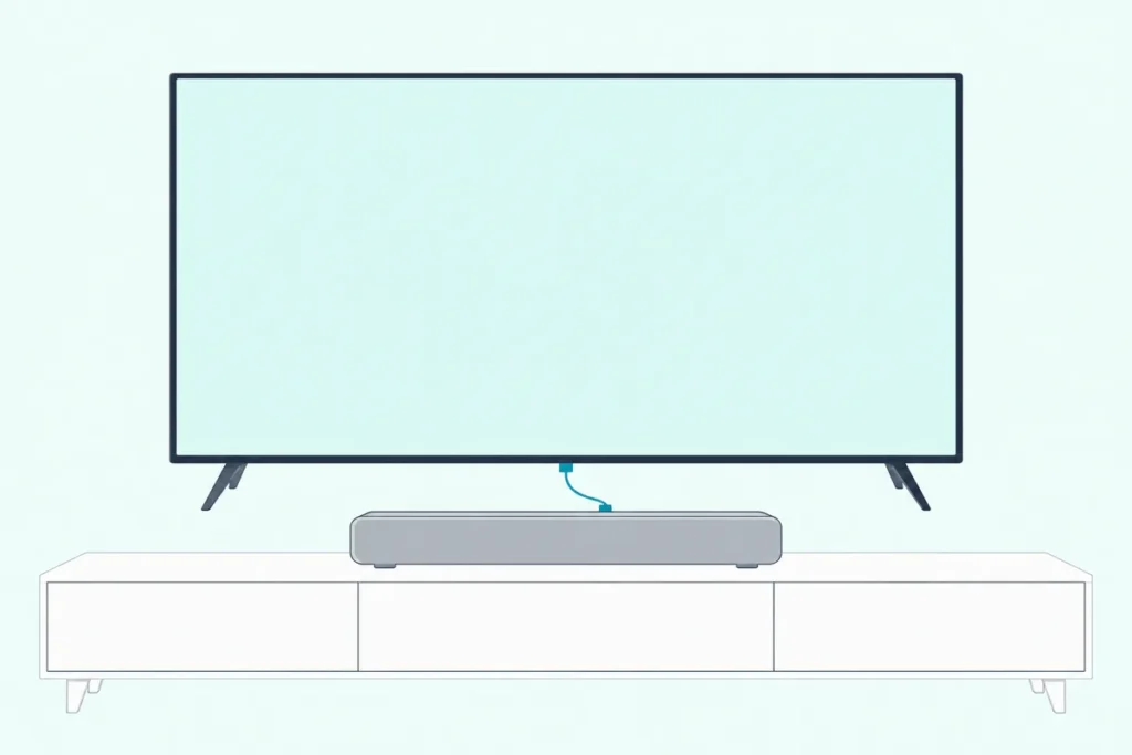 Compact soundbar on a TV stand below a flat TV, joined to it by a thin cable
