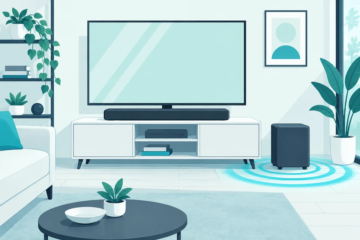 Soundbar with a compact wireless subwoofer beside the TV console, adding bass in a small living room