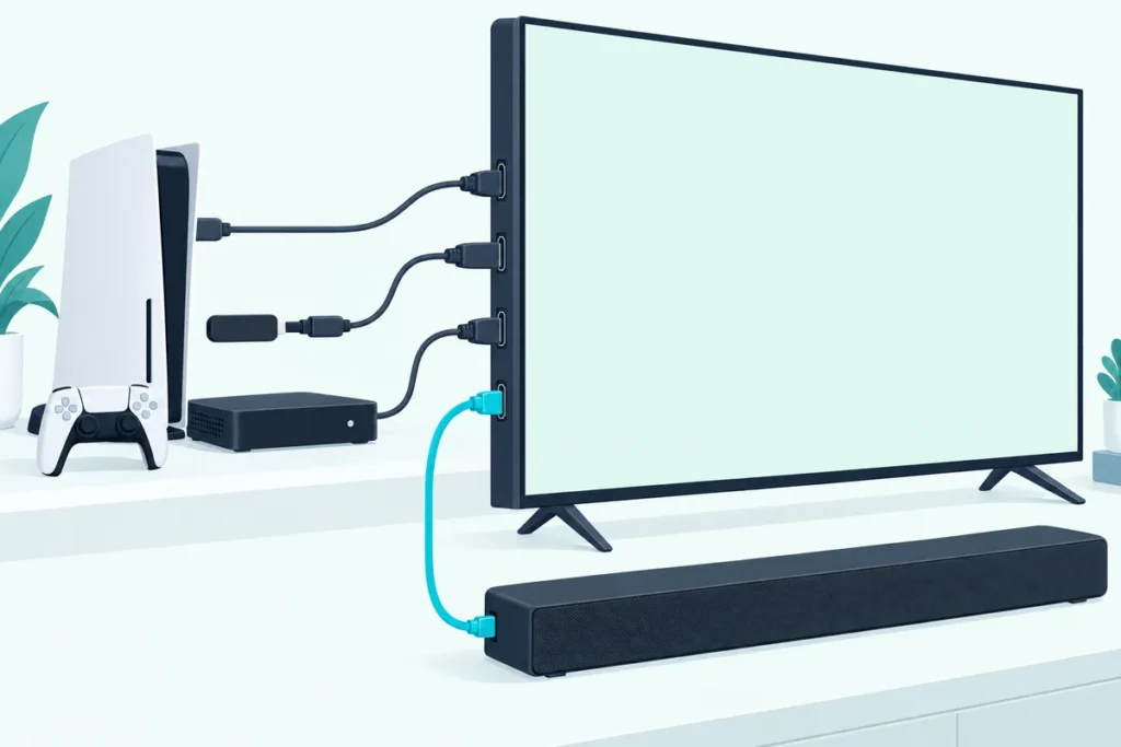 Game console, streaming stick and cable box plugged into a TV that sends their sound to a soundbar over one HDMI cable