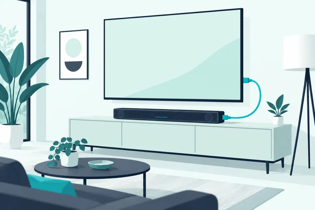 Slim soundbar under a TV connected with one HDMI cable, the usual way to connect an Onn soundbar
