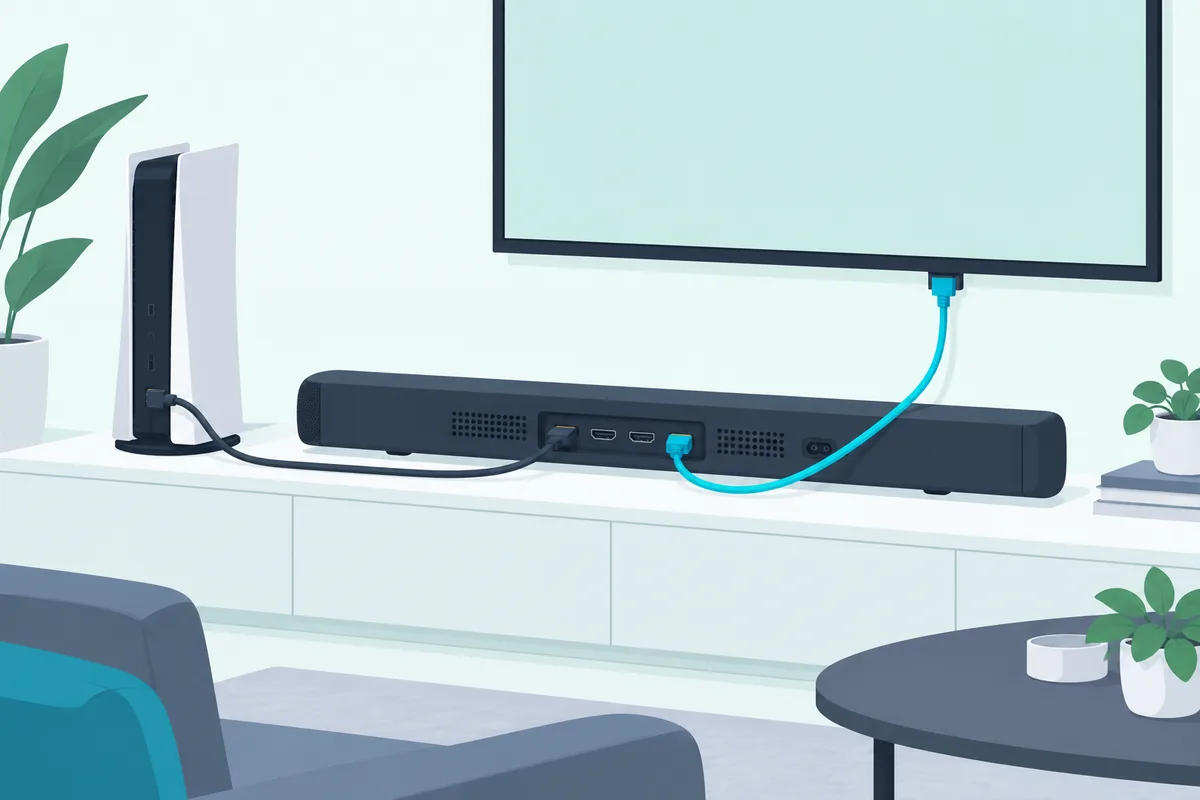 Game console plugged into a soundbar's HDMI input, with the soundbar passing the picture on to the TV