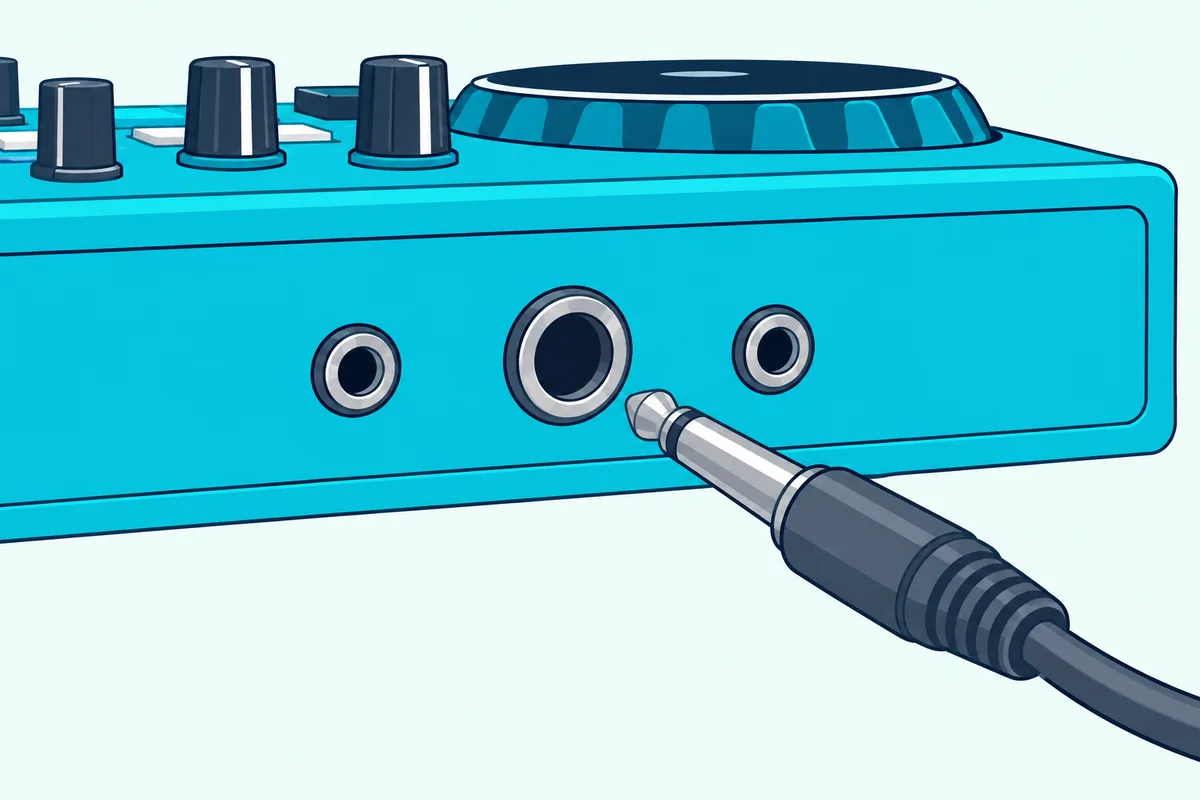 Back edge of a DJ controller with a quarter-inch jack and a matching straight plug beside it