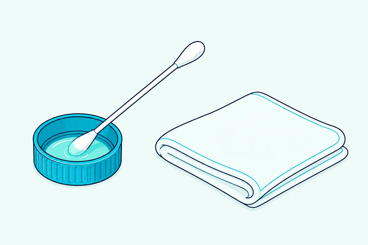 Cotton swab dipping into a small bottle cap holding a little cleaning liquid
