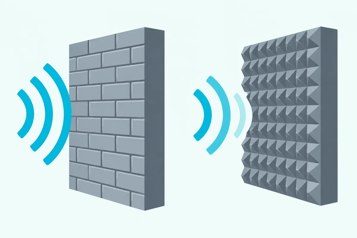 Thick dense wall stopping teal sound arcs beside a soft porous panel absorbing them