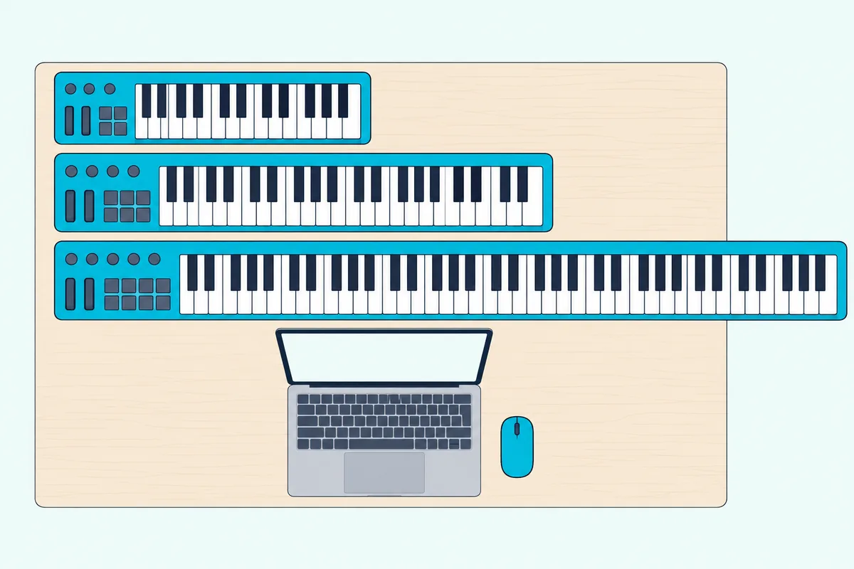 Desk seen from above with a laptop and three MIDI keyboards, the longest hanging over the desk's edge