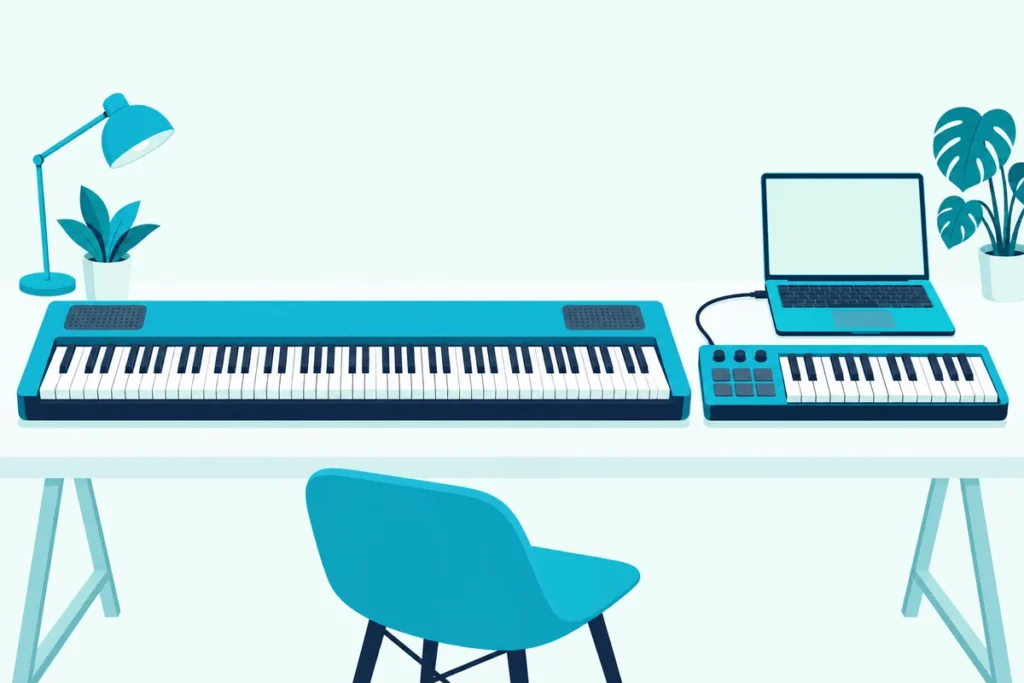 Digital piano with speakers beside a slim MIDI keyboard cabled to a laptop