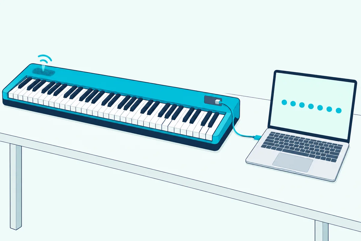 Digital piano cabled to a laptop by USB while its own speaker keeps playing