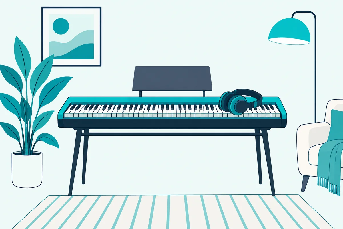 Slim digital piano in a living room with headphones resting on the keys