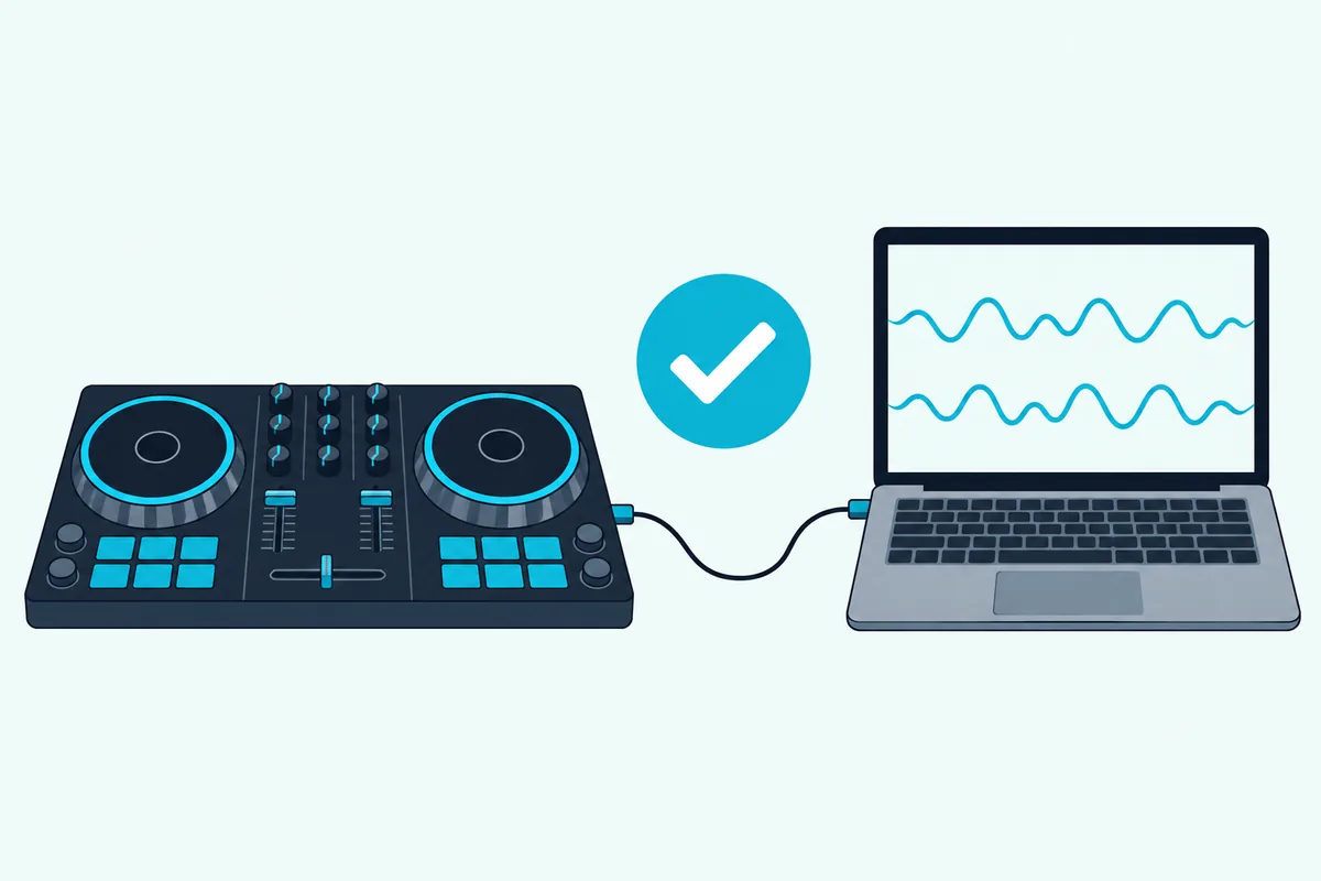 DJ controller and laptop joined by a cable with a check mark badge between them