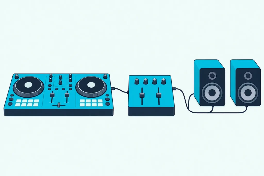 DJ controller cabled to a small mixer, which is cabled to two speakers