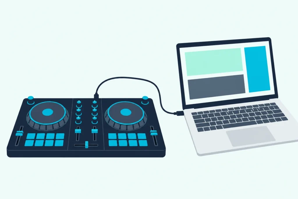 Compact DJ controller connected by a USB cable to an open laptop on a desk